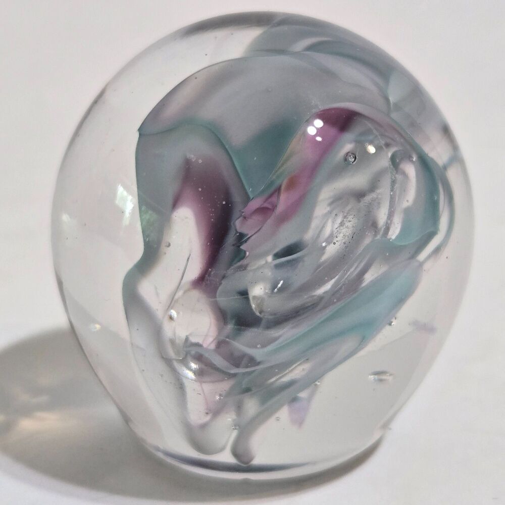 STUDIO ART 2” PAPERWEIGHT Swirl‎ Handmade Signed Abstract Pink Blue